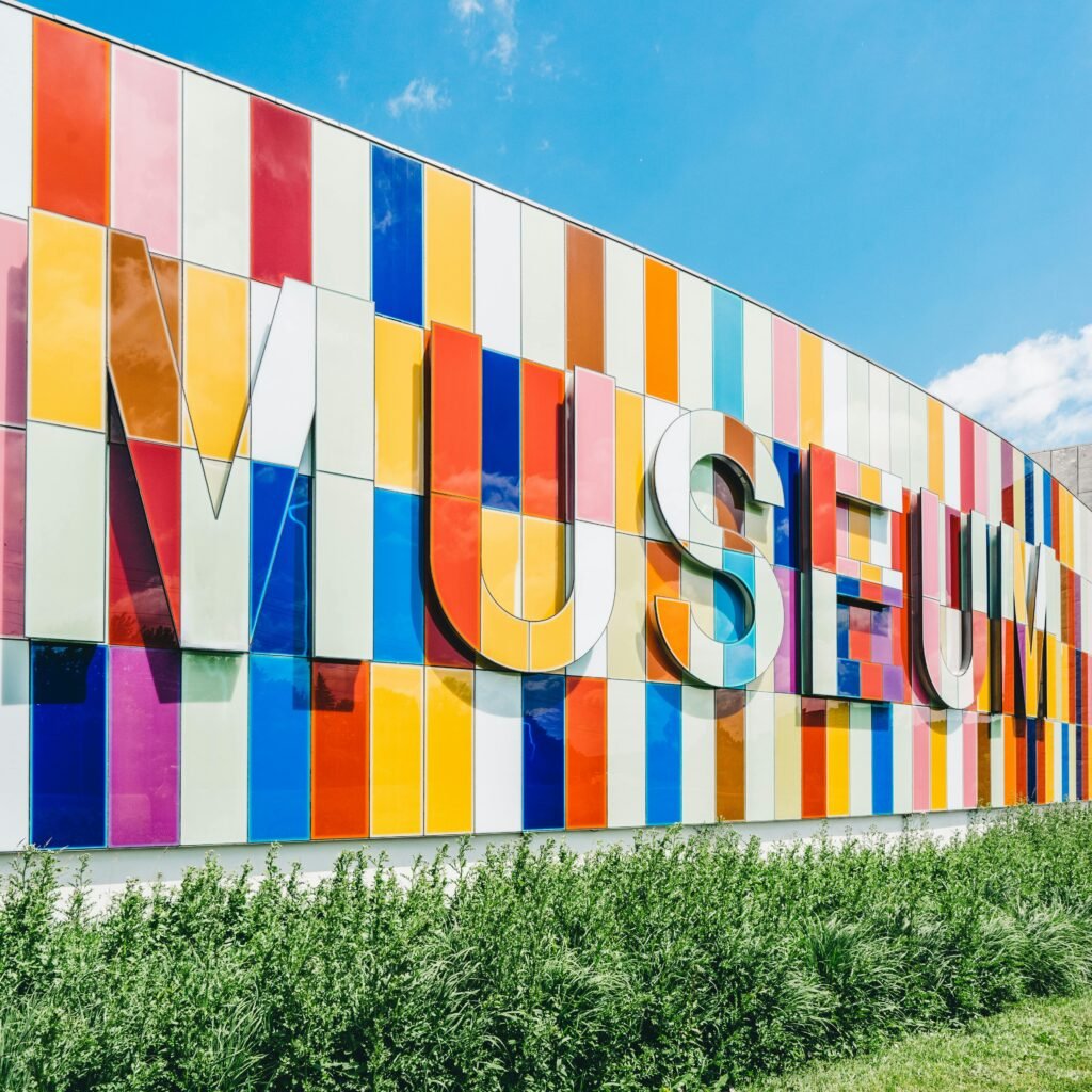 Colorful vertical panels create a vibrant and modern museum facade.